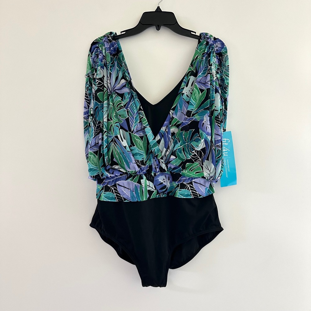 NEW Fit 4 U Womens Tropical One Piece Swimsuit Size 22W Mesh Overlay Beach